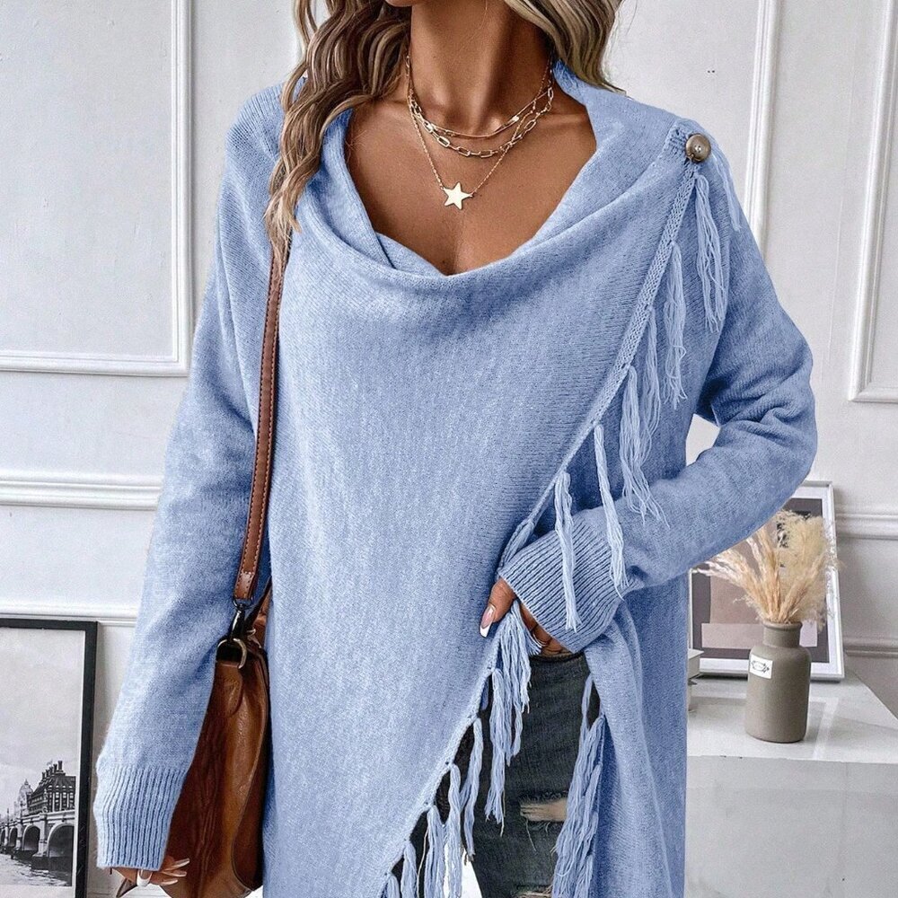 Blue Casual Women's Asymmetrical Long Sleeve Fringe Tassel Sweater Dress - Picture 5 of 6